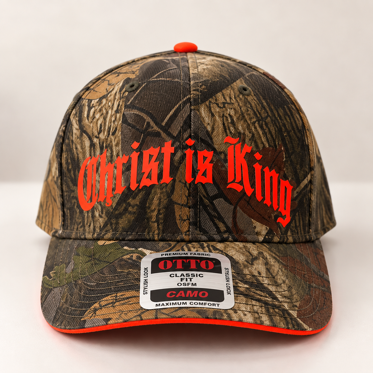 Christ Is King Camo Hat – Neon Orange Old English