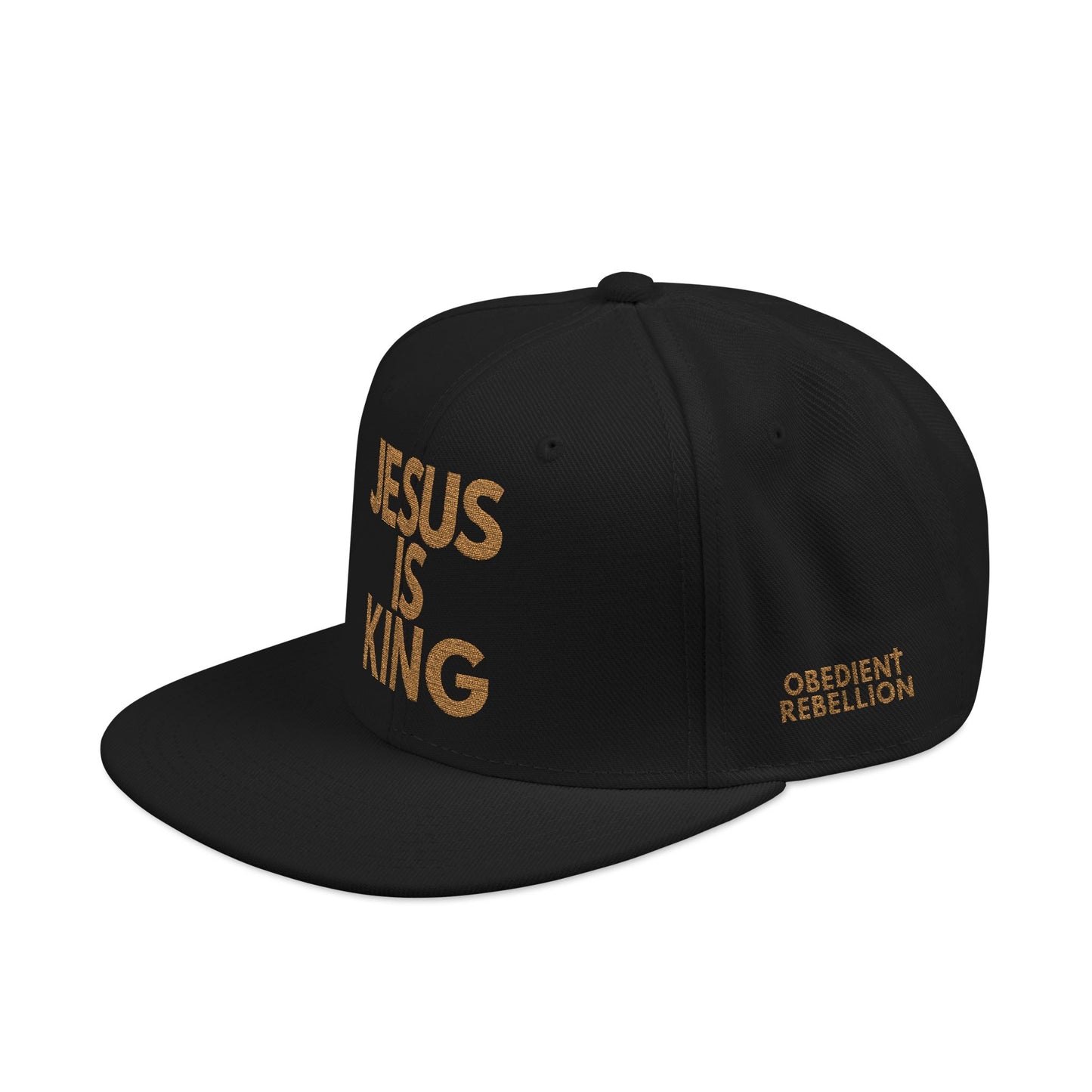 JESUS IS KING Snapback Hat – Christian Streetwear Embroidered Cap (Black & Gold)